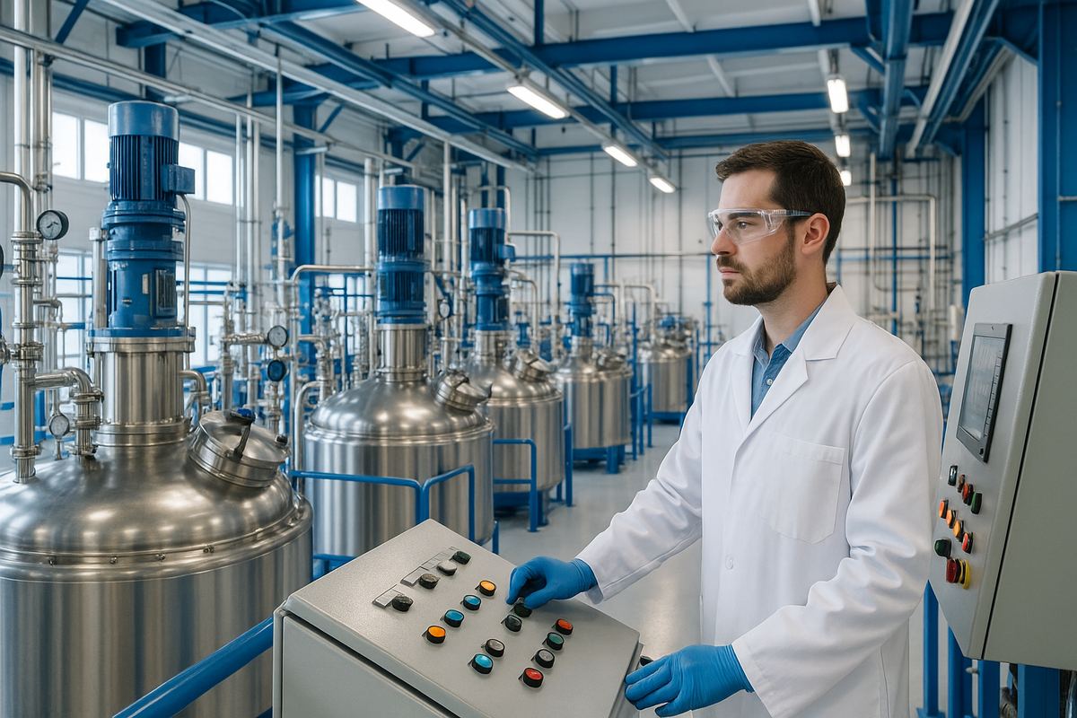 Worker operating specialty chemical processing equipment at a manufacturing facility in Spring, Texas