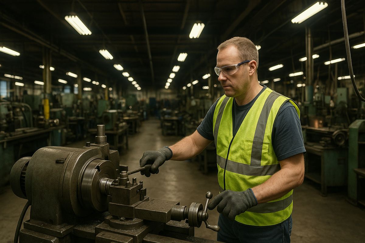 Worker operating mechanical processing equipment at a manufacturing insurance facility in Upper Darby, Pennsylvania