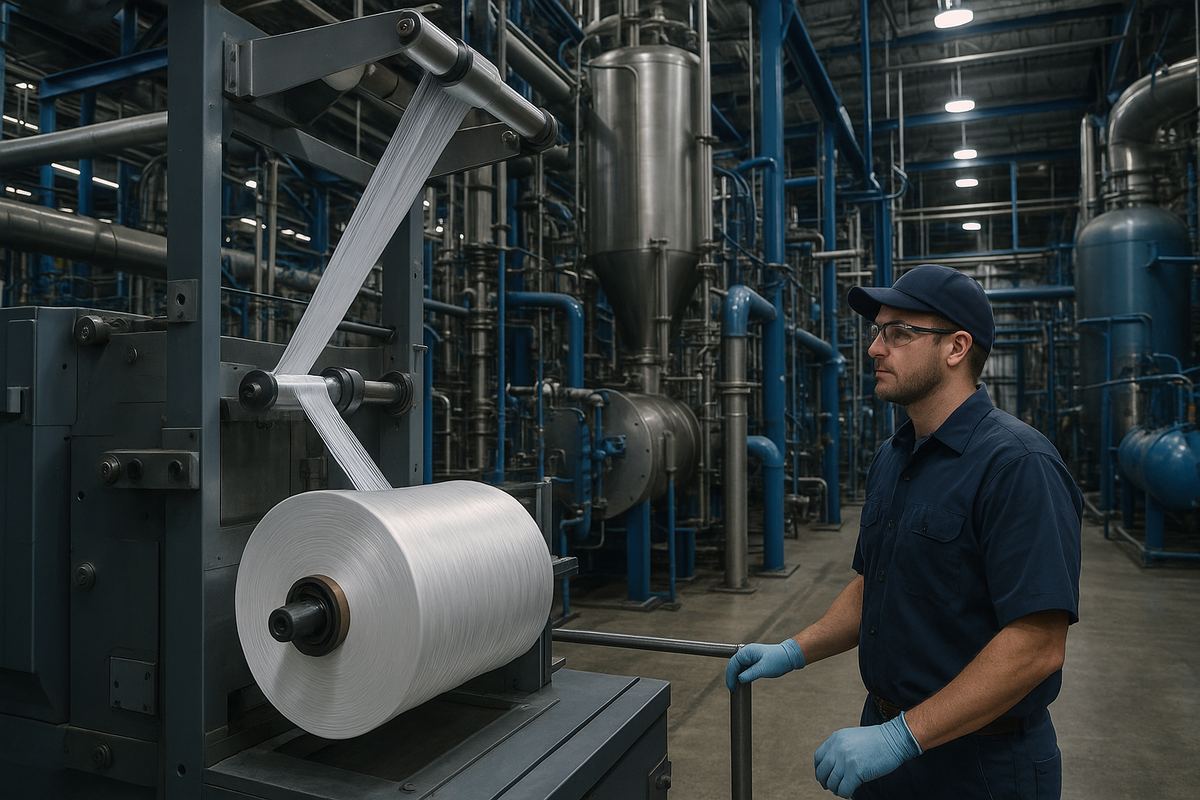 Worker operating synthetic fiber manufacturing equipment at a petrochemical facility in Victoria, Texas