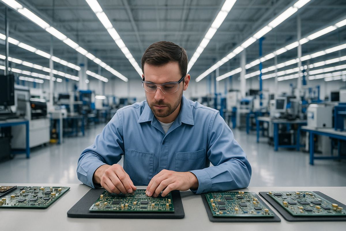 Worker operating aerospace defense electronics manufacturing equipment at a facility in Waco, Texas