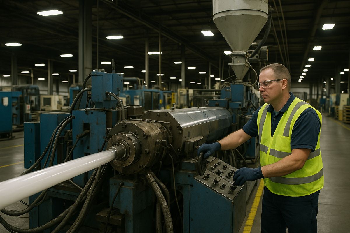 Worker operating plastics processing equipment at a manufacturing insurance facility in Winchester, Kentucky